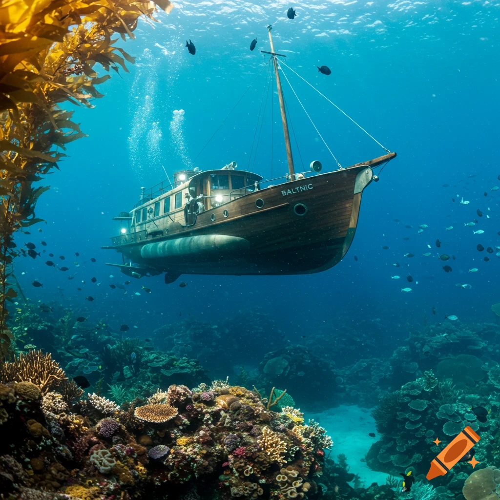 A wooden boat-submarine floats underwater above a vibrant coral reef, surrounded by schools of fish. Photorealistic.