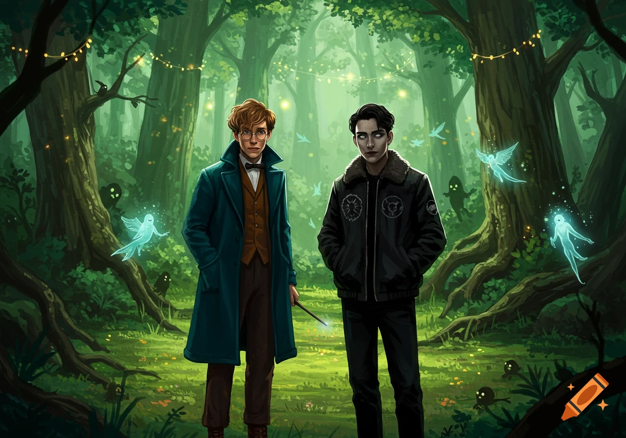 Digital illustration of two young men, Newt Scamander and Nico di Angelo, in a magical green forest with glowing creatures.