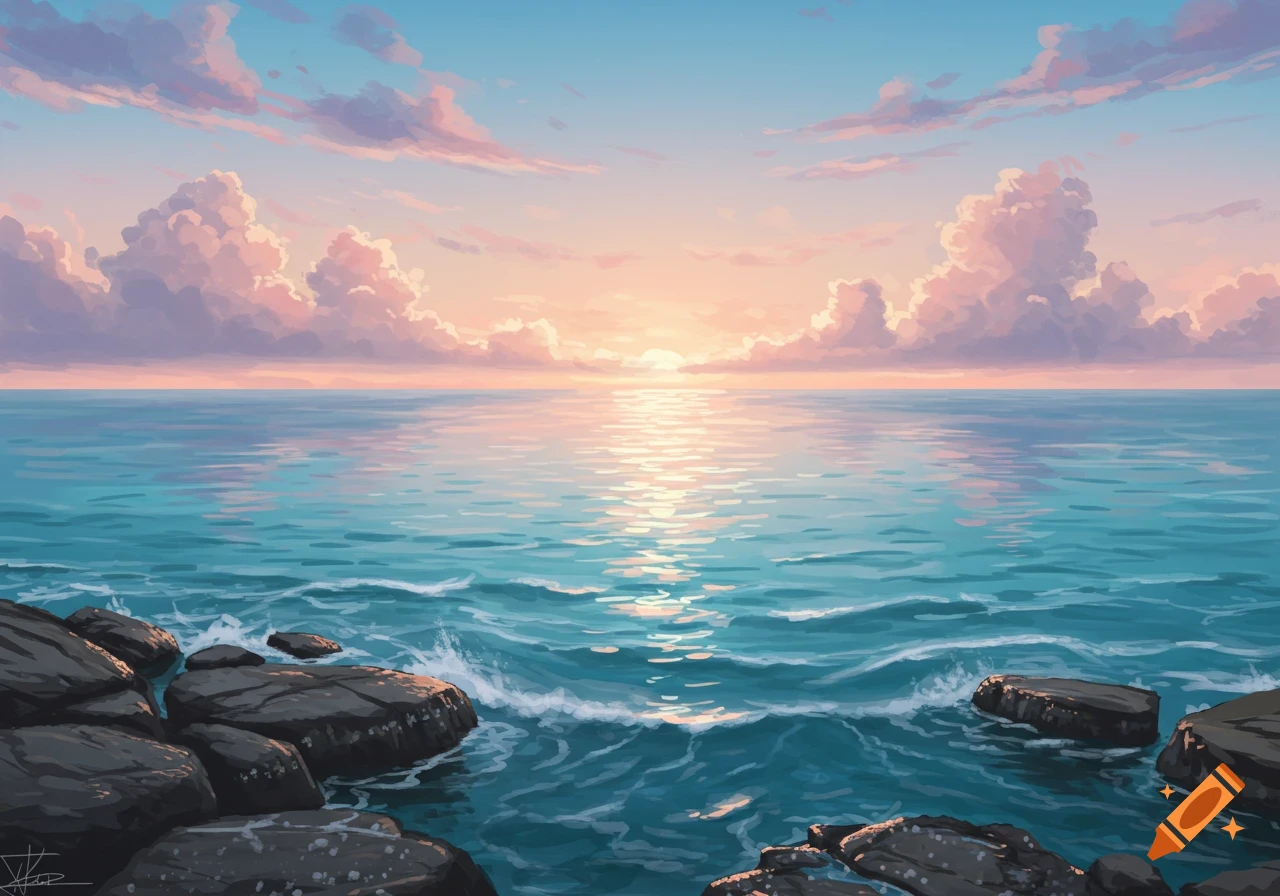 Digital painting of a sunset over a calm sea with a rocky foreground and soft clouds.