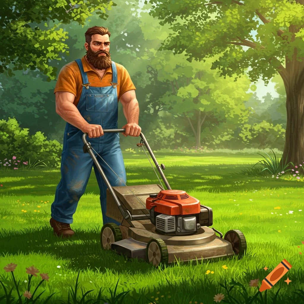 A bearded man in blue overalls pushes a lawn mower across a sunny green lawn. Illustration.