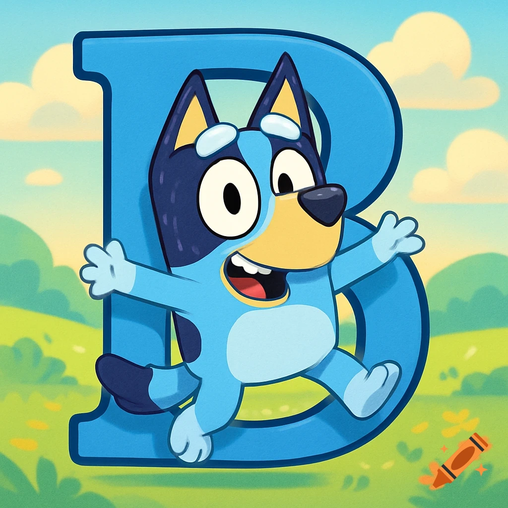 Bluey, the cartoon dog, hugs a large blue letter B in a grassy field under a blue sky.