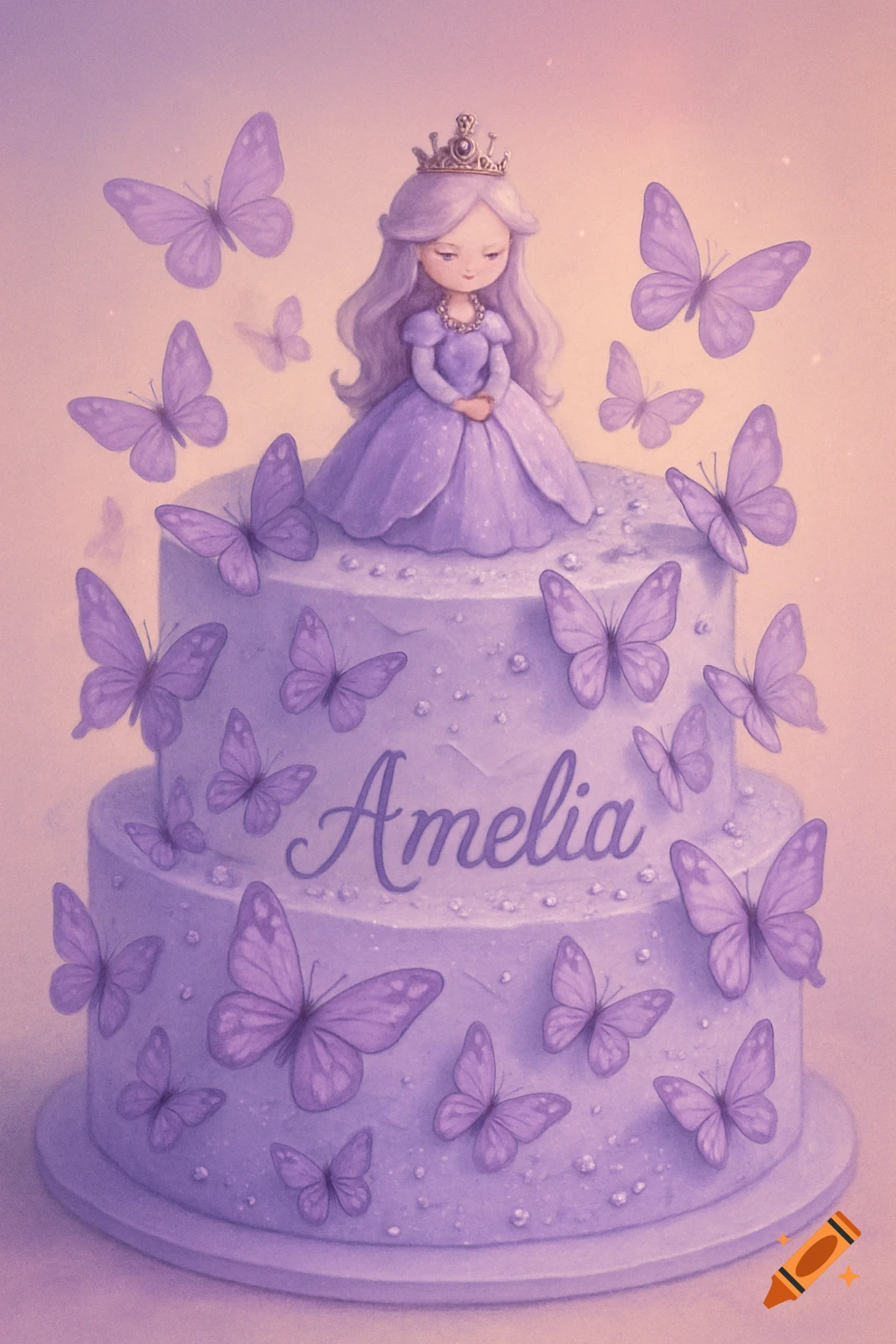 A whimsical light purple two-tier cake with a princess figure on top, decorated with many butterflies and the name 'Amelia' on the side.