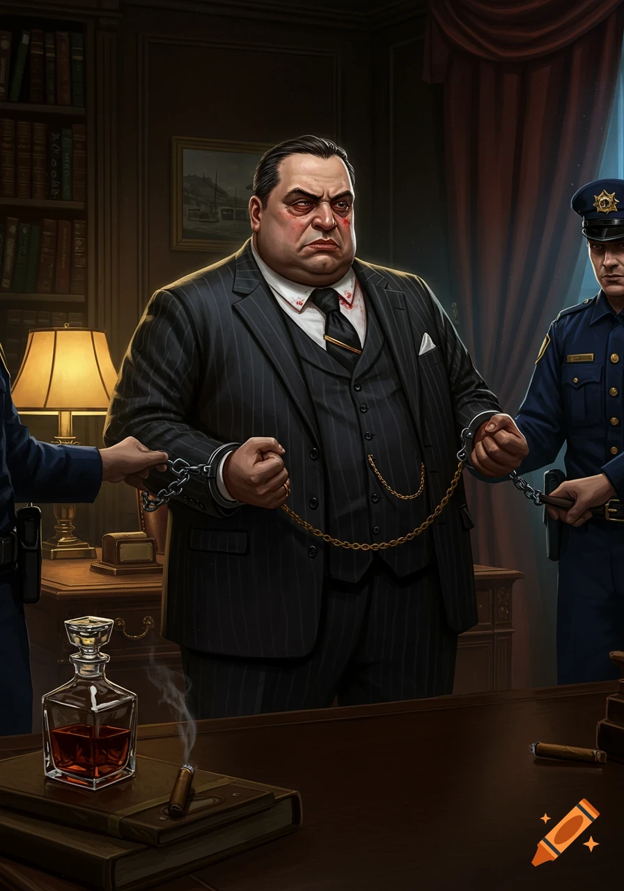 A scowling, portly mafia boss in a pinstripe suit is handcuffed by police officers in an office. Blood stains his shirt.