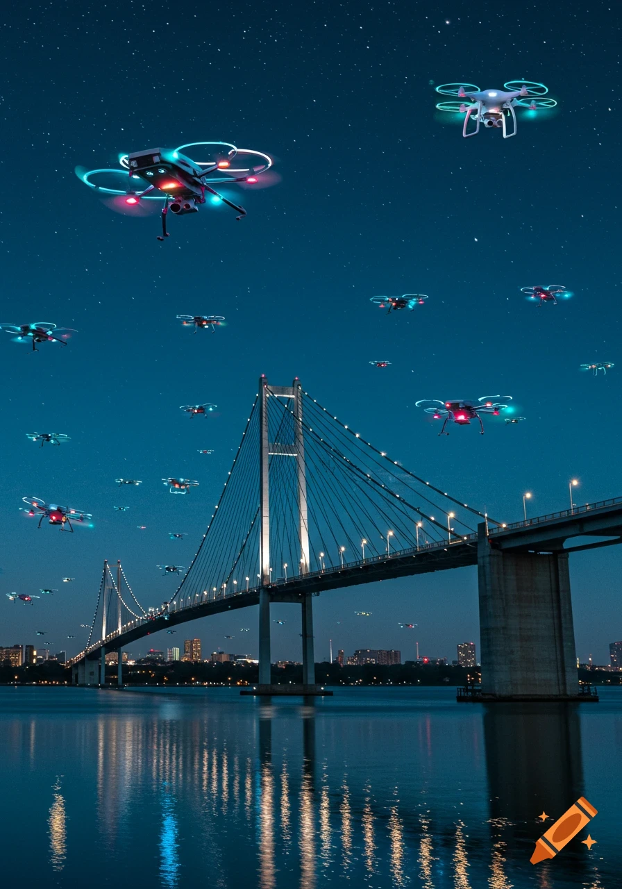 Photorealistic night scene of a suspension bridge over water, illuminated by city lights and surrounded by glowing drones.