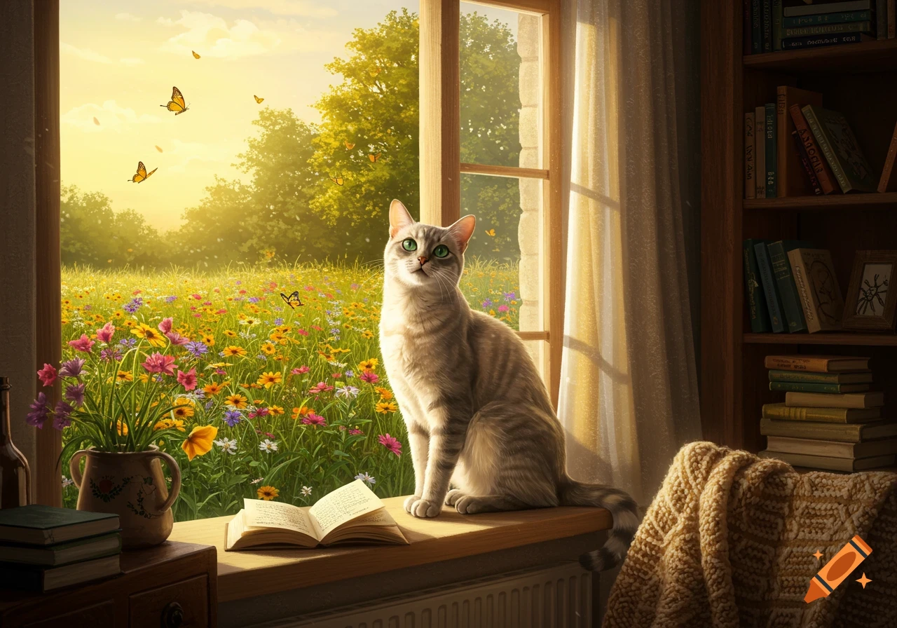 A photorealistic striped cat with green eyes sits on a sunlit windowsill, overlooking a vibrant wildflower field with butterflies. An open book is nearby, and a bookshelf is to the right.