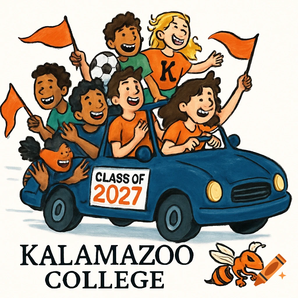 Whimsical cartoon of diverse college students celebrating in a blue car with "Class of 2027" and "Kalamazoo College" text, with a hornet mascot.