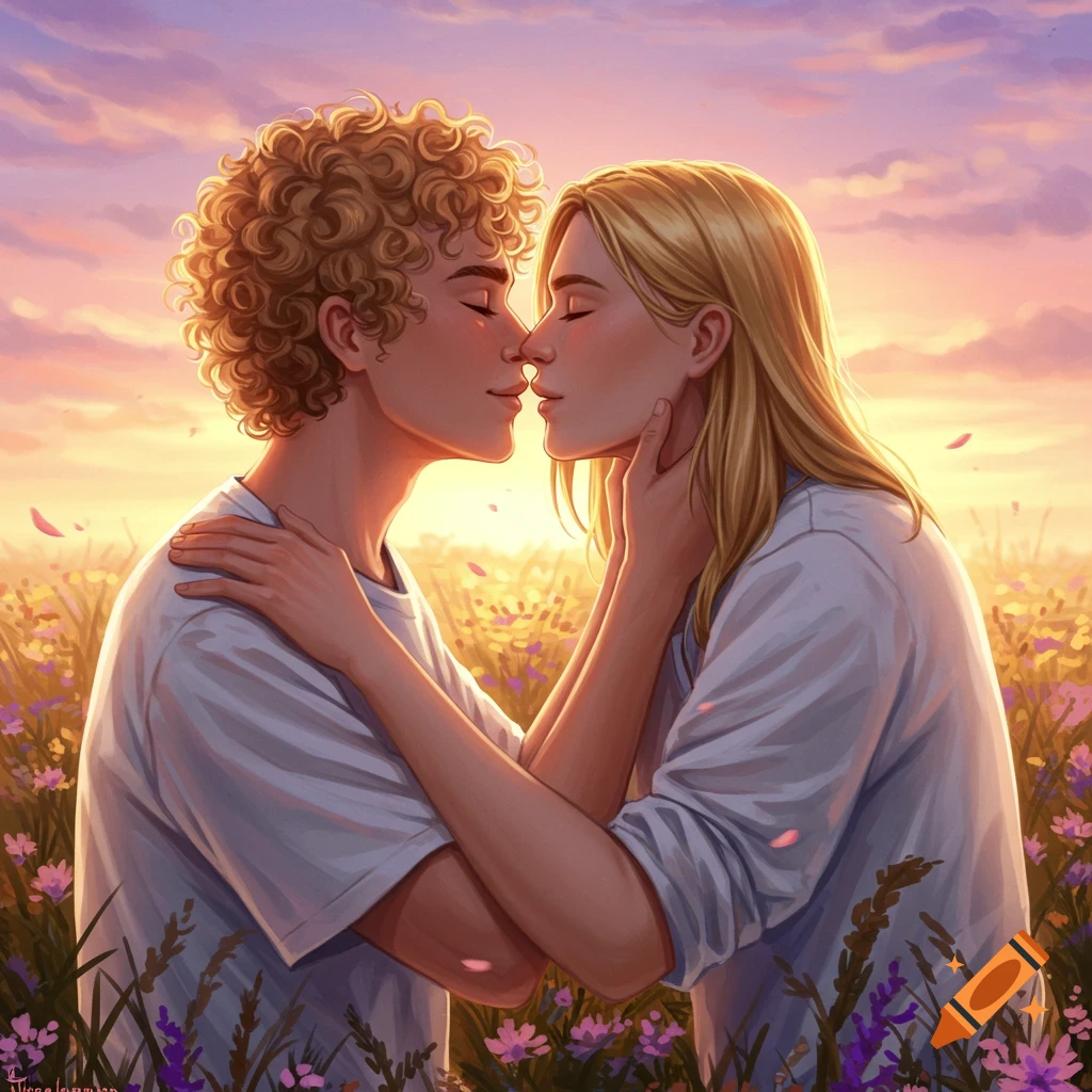 Romantic digital illustration of two young people in a field of flowers at sunset, embracing and about to kiss.