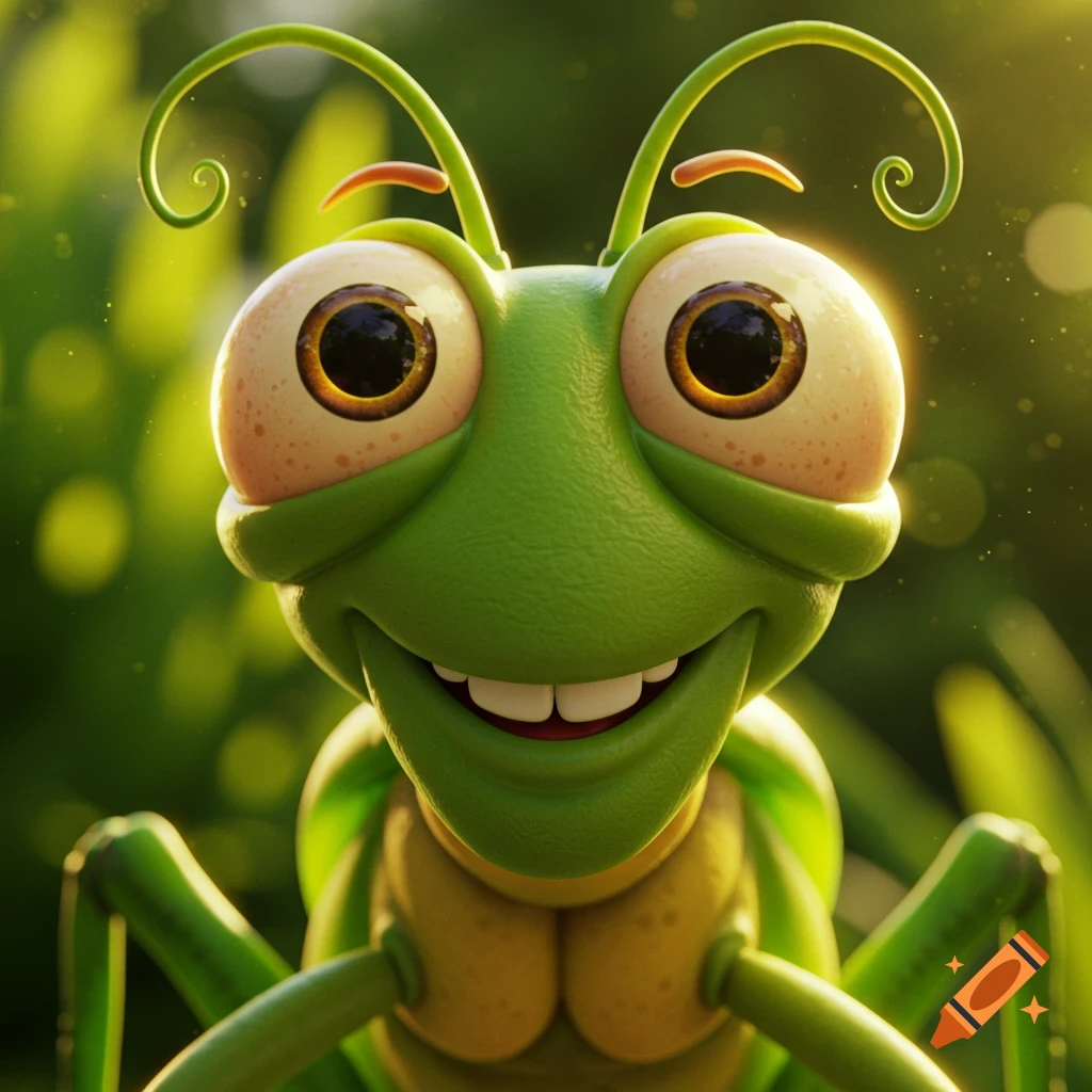 A cartoon green and yellow cricket face with large eyes and a wide smile, set against a blurry green background.