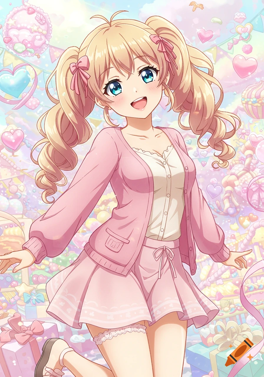 A cute anime girl with blonde curly twin tails in a pink cardigan and skirt, smiling in a pastel background with hearts and ribbons.