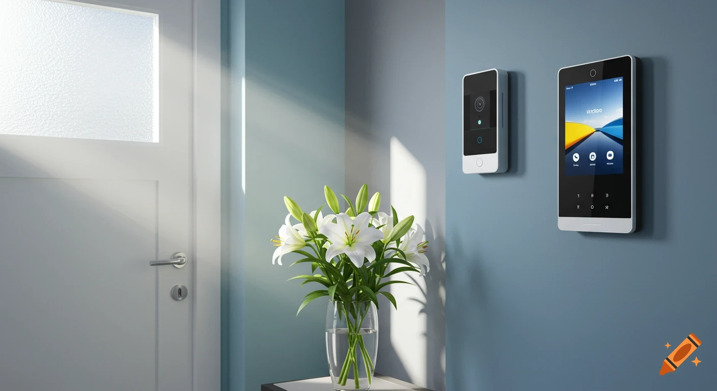 Modern smart home entrance with white door, lilies, and two wall-mounted video intercom displays on a blue wall.