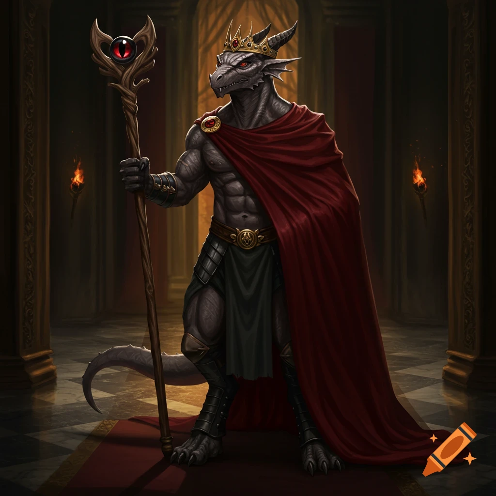A regal draconian king with a muscular build, wearing a gold crown and a flowing crimson cloak, holds a scepter topped with a glowing red orb in a grand, dimly lit hall.