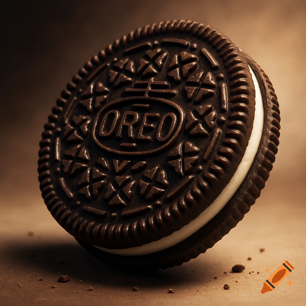 A detailed, photorealistic close-up of an Oreo cookie with cream filling, standing on a brown surface with crumbs.