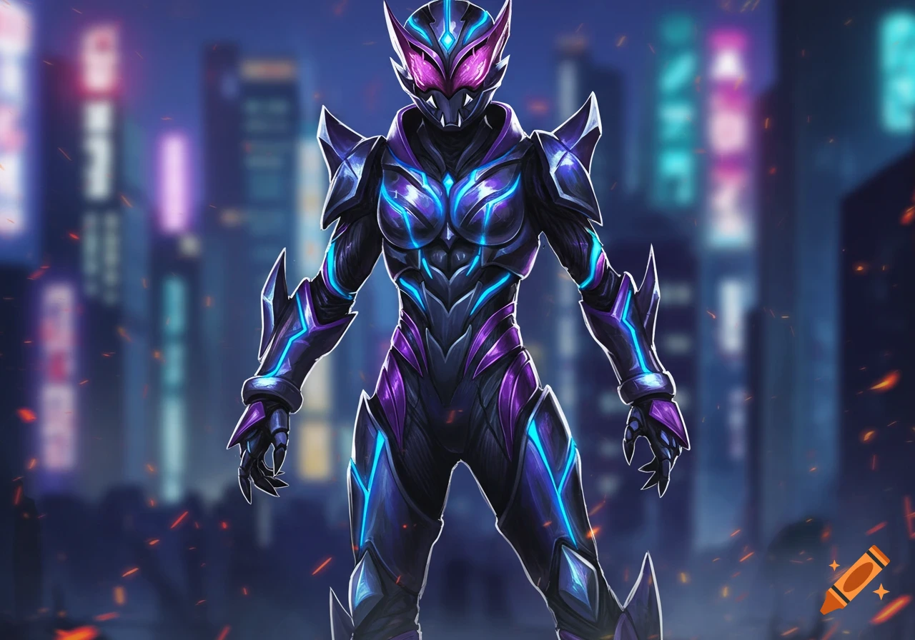 A character in dark purple and blue glowing futuristic armor stands in front of a blurred cyberpunk city.