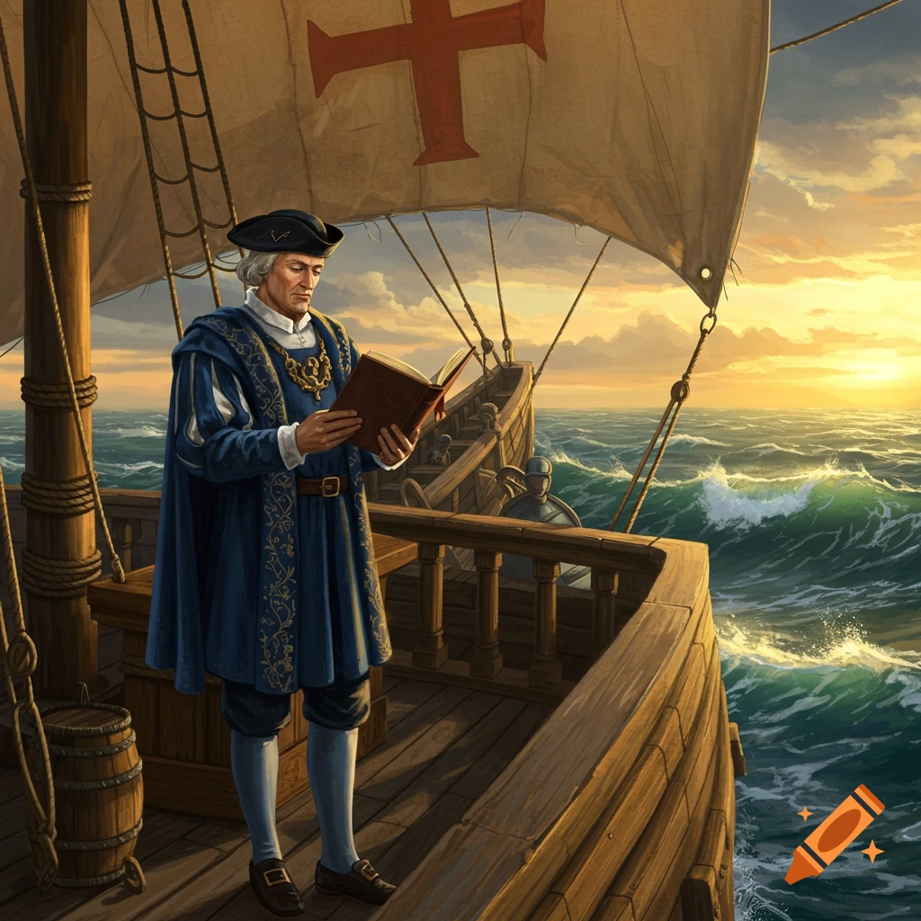 Christopher Columbus in period attire reads a book on the deck of a sailing ship at sunset, with a red cross on the sail.