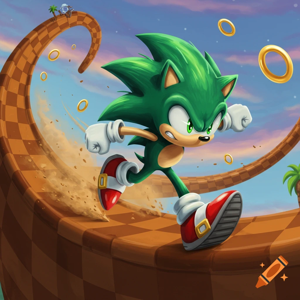 A green hedgehog character, resembling Sonic, runs fast on a brown checkered loop-de-loop track with golden rings floating around.