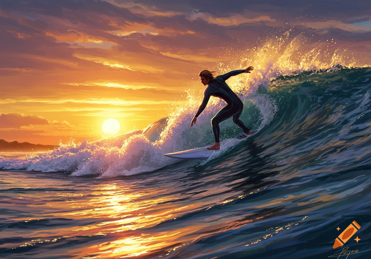A surfer in a wetsuit rides a large wave during a vibrant sunset, in a painted style.