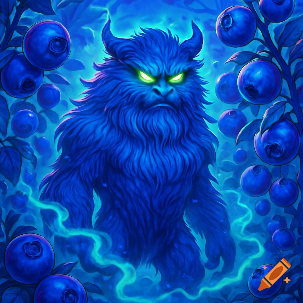 A blue, furry horned monster with glowing green eyes stands amidst blueberry bushes, emitting a mystical blue aura, in an illustrative style.