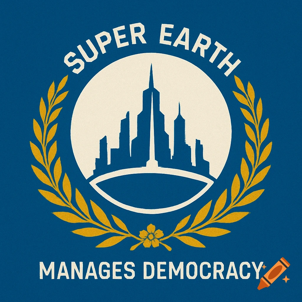 A blue emblem with a white circle containing a dark blue cityscape and a gold wreath. Text reads 'SUPER EARTH' and 'MANAGES DEMOCRACY'.