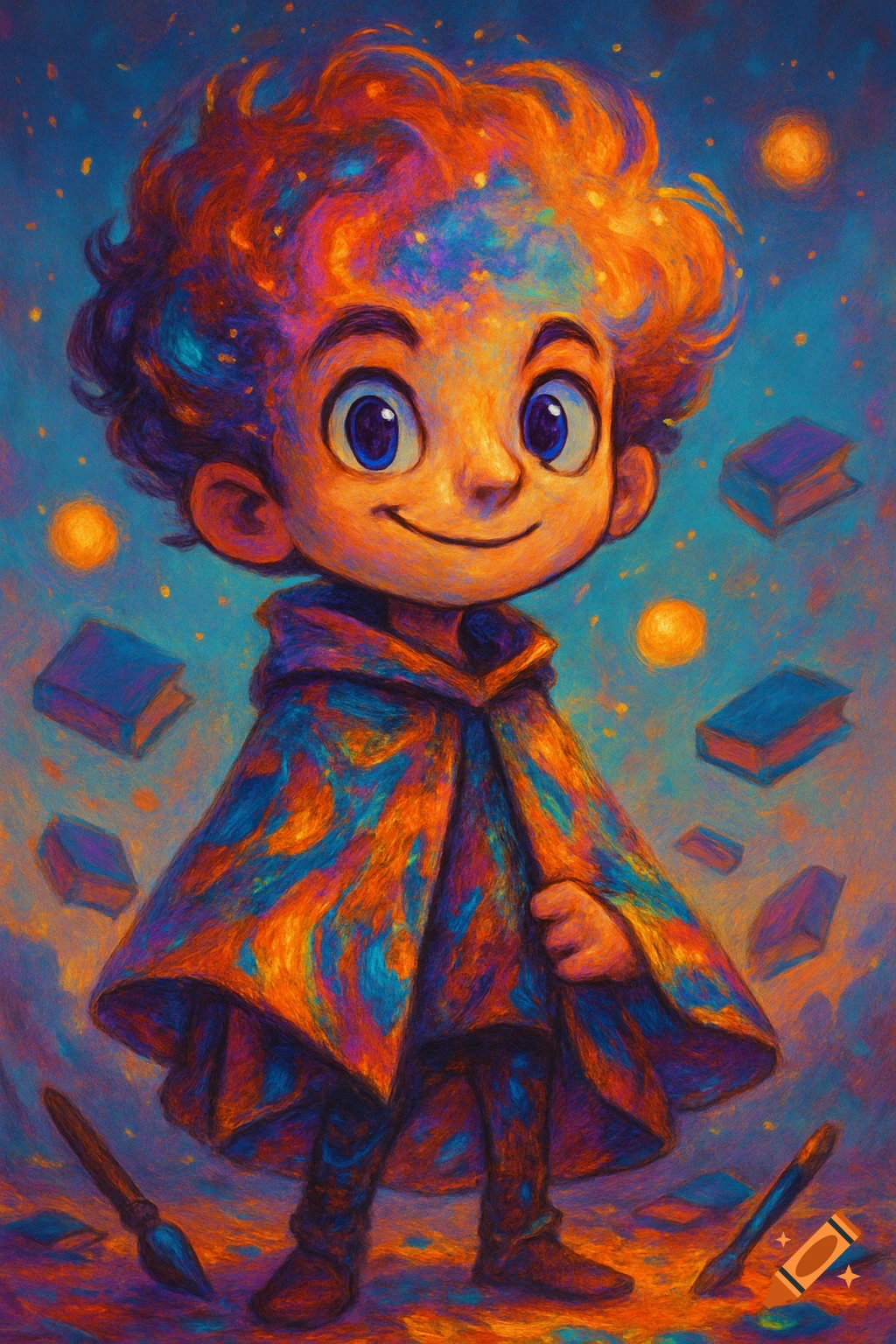 Smiling cartoon child with glowing, colorful hair and patterned cloak, surrounded by floating books and orbs, painterly style.