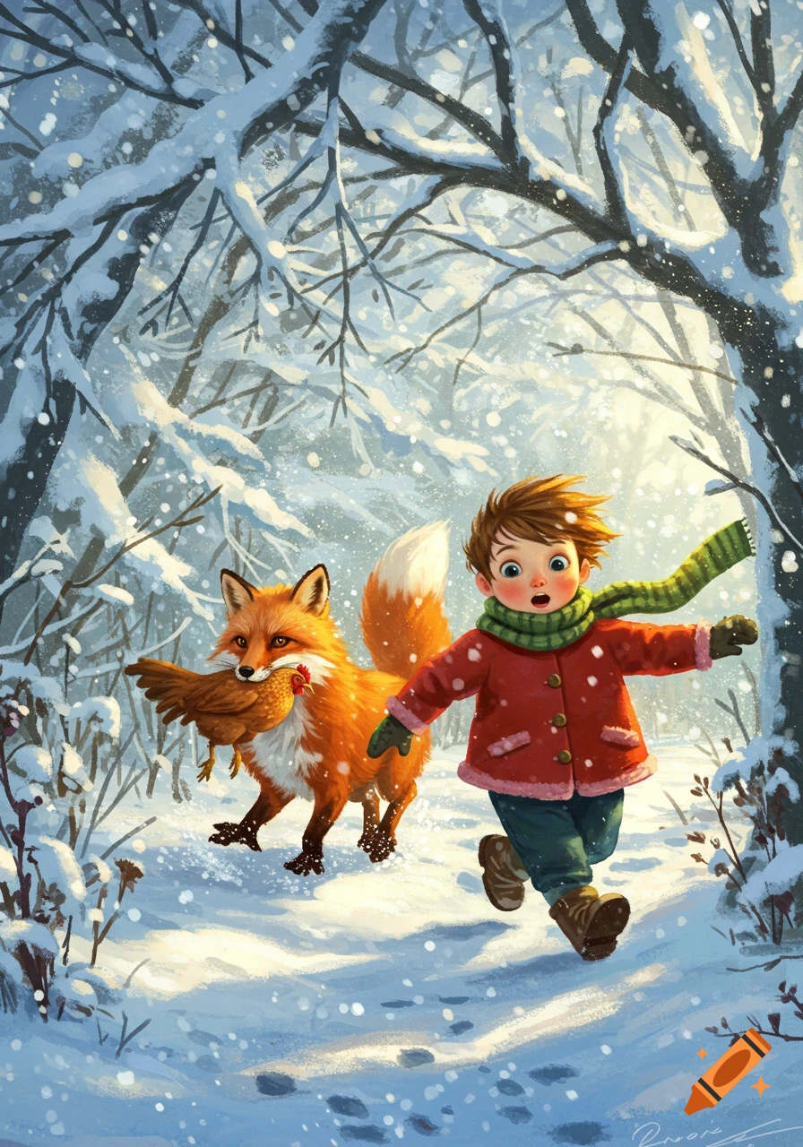 Illustrated scene of a boy chasing a fox holding a chicken in its mouth through a snowy winter forest.