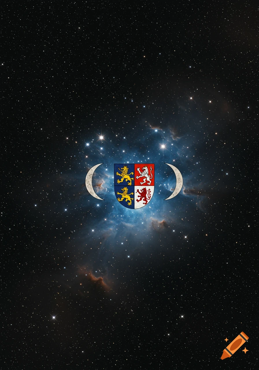 A coat of arms with lions and crescents superimposed on a starry night sky with a blue nebula.