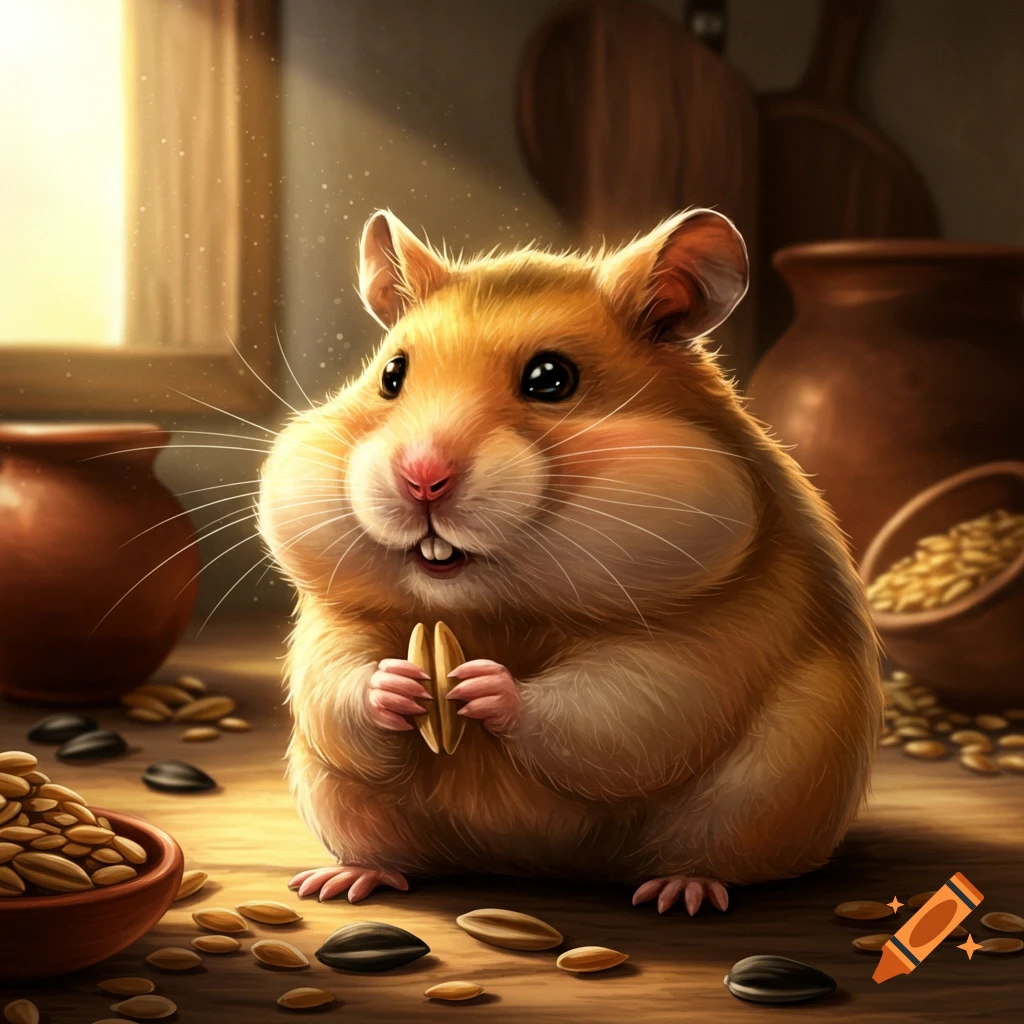 A cute, fluffy hamster sits on a wooden table, holding a seed. Detailed illustration with warm lighting.