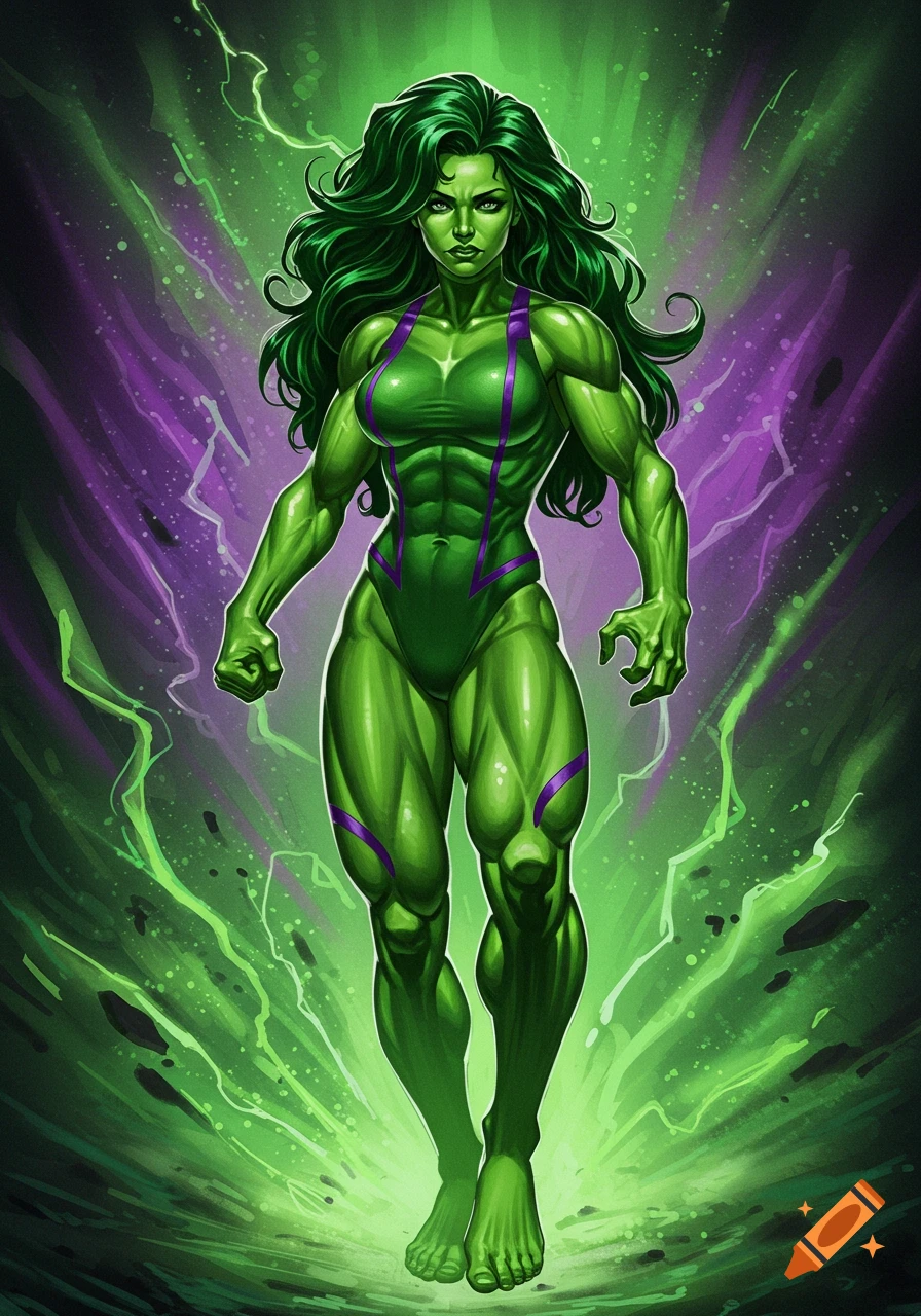 Muscular She-Hulk with green skin and hair in a green and purple suit stands amidst green energy, comic art style.