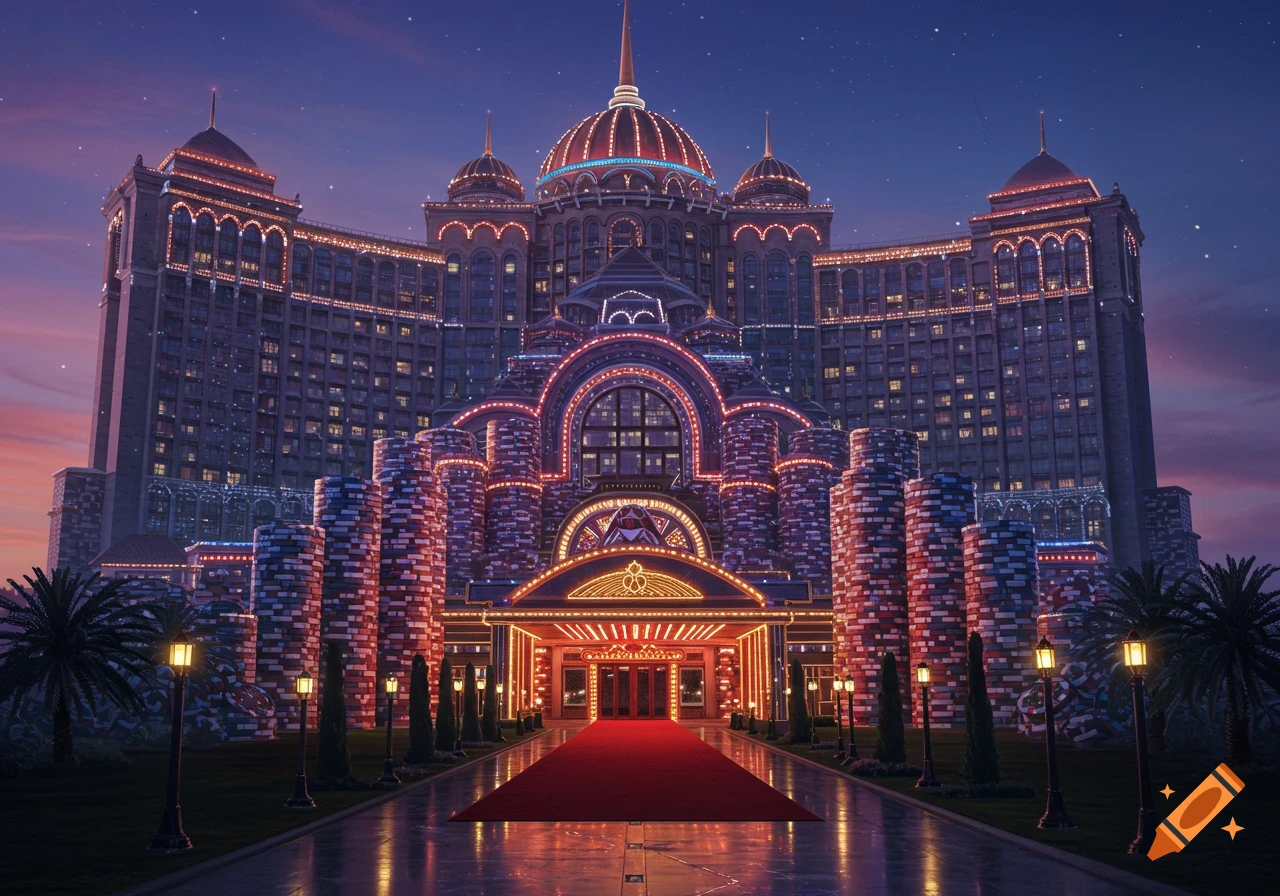Grand, ornate hotel resembling a casino, with its facade textured like stacks of poker chips, illuminated at dusk with a red carpet entrance.