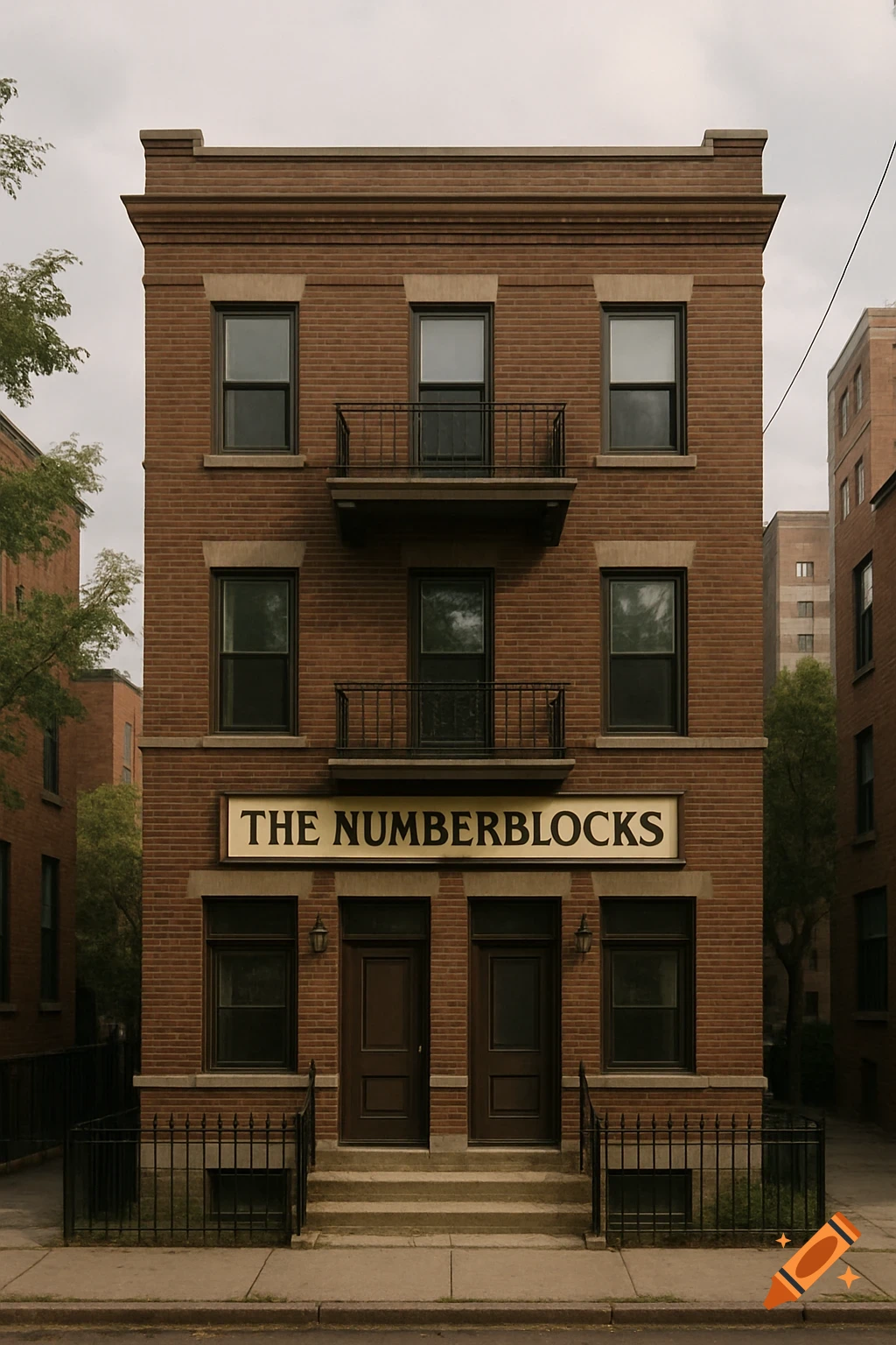 A three-story brown brick building with two balconies, two doors, and a sign reading 'THE NUMBERBLOCKS'.