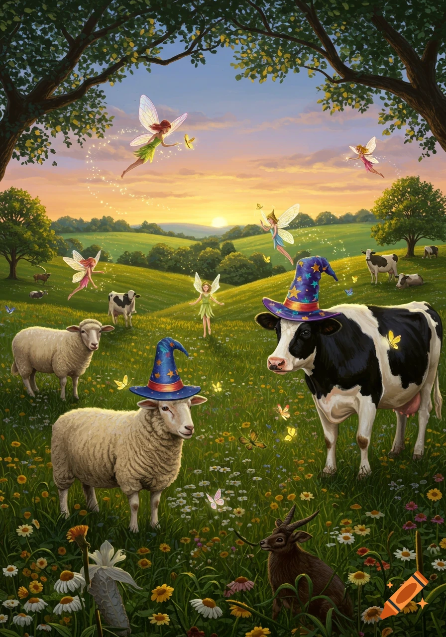 Whimsical illustration of fairies, sheep, cows, and a deer-like animal wearing wizard hats in a green field at sunset.