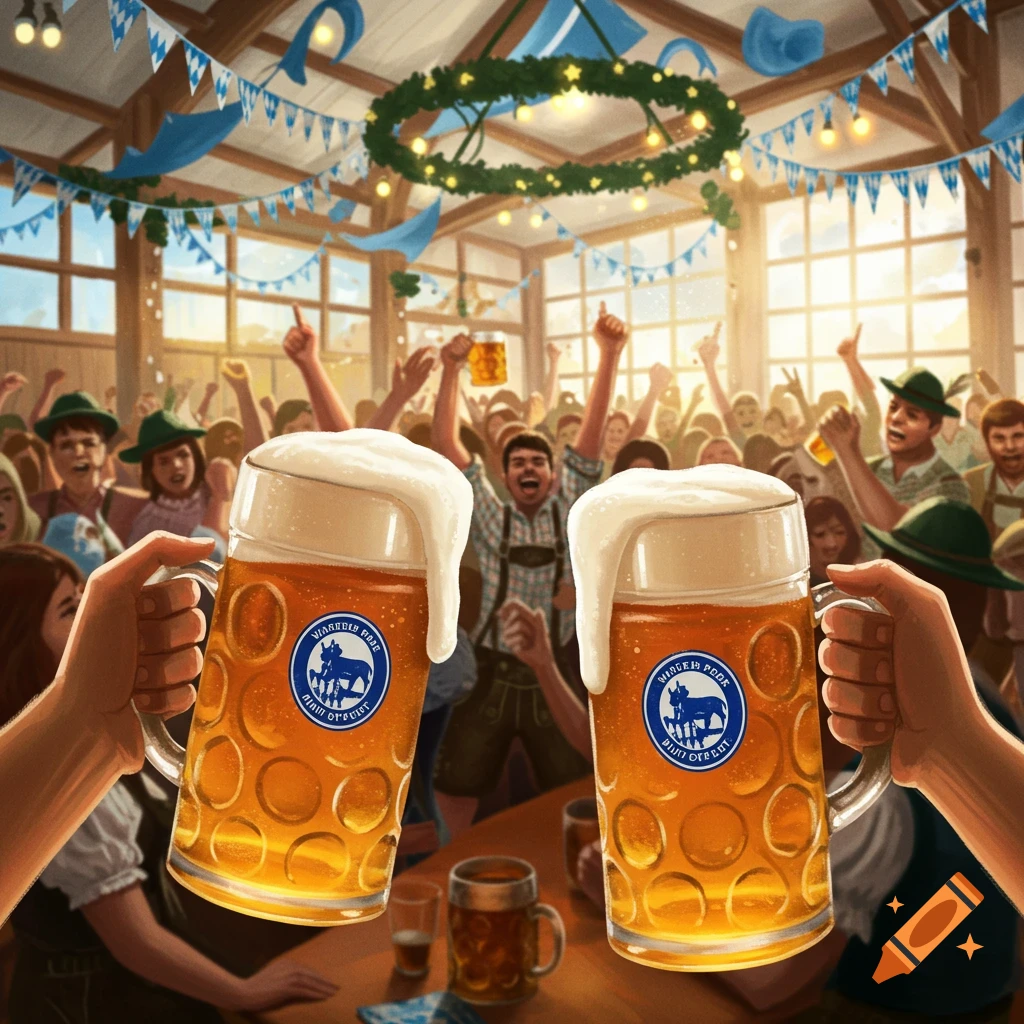 Lively Oktoberfest celebration with a crowd cheering and two frothy beer steins in the foreground.