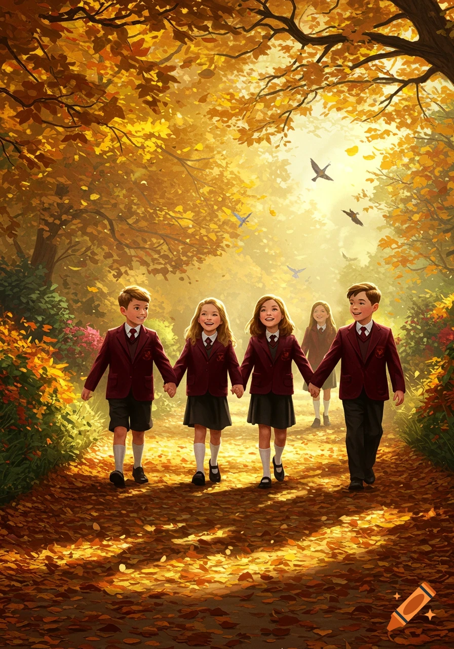 Illustrated group of school children in maroon uniforms walking hand-in-hand on a sunny autumn forest path.