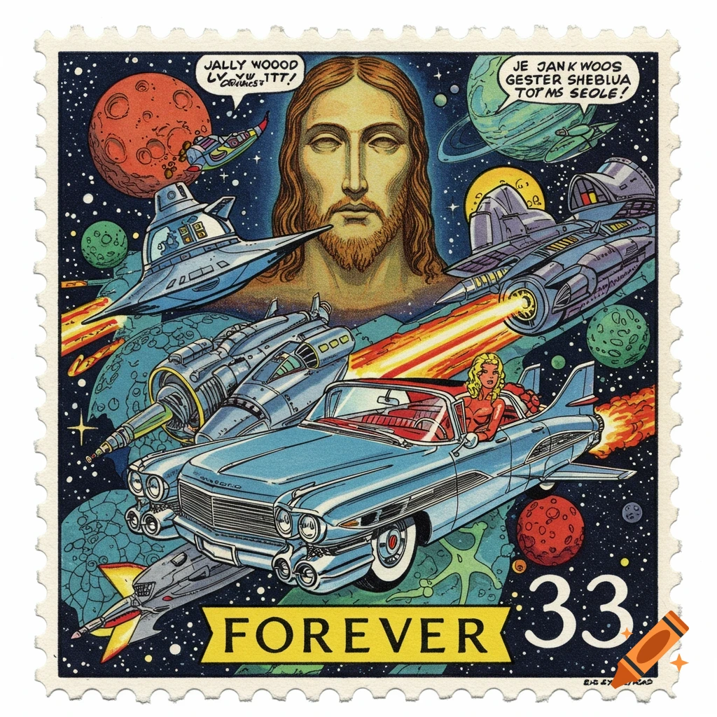 A retro sci-fi postage stamp featuring Jesus's face, a woman in a flying Cadillac, spaceships, planets, and comic-style speech bubbles with gibberish text. The word "FOREVER" is at the bottom.