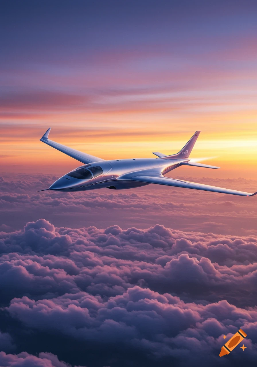 A sleek, futuristic silver airplane flies above purple and pink clouds against a vibrant sunset sky.