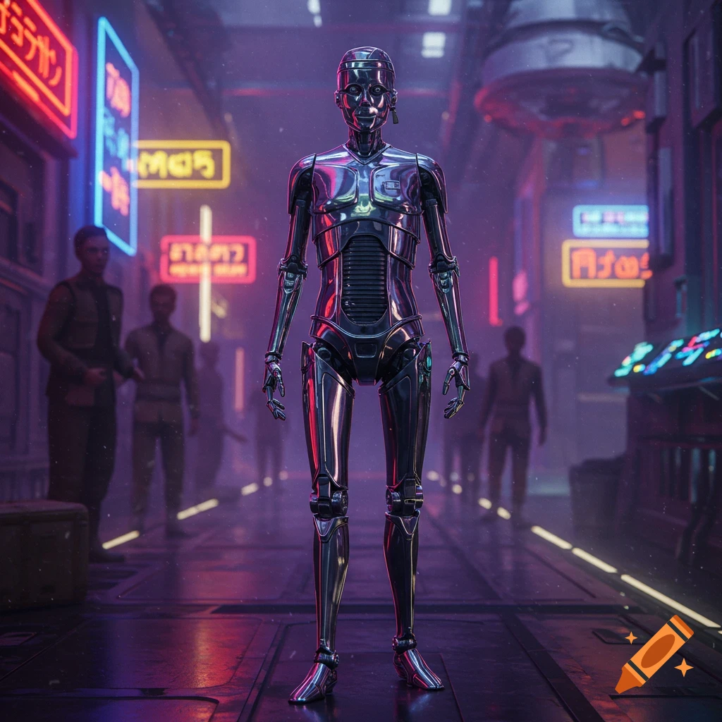 A shiny chrome humanoid robot stands centered in a neon-lit cyberpunk alley, with blurred figures in the background.