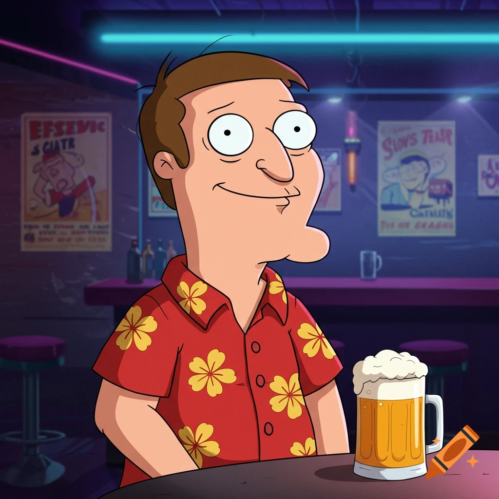 A cartoon man resembling Glenn Quagmire sits at a bar with a beer, smiling. He wears a red Hawaiian shirt. Neon lights illuminate the background.