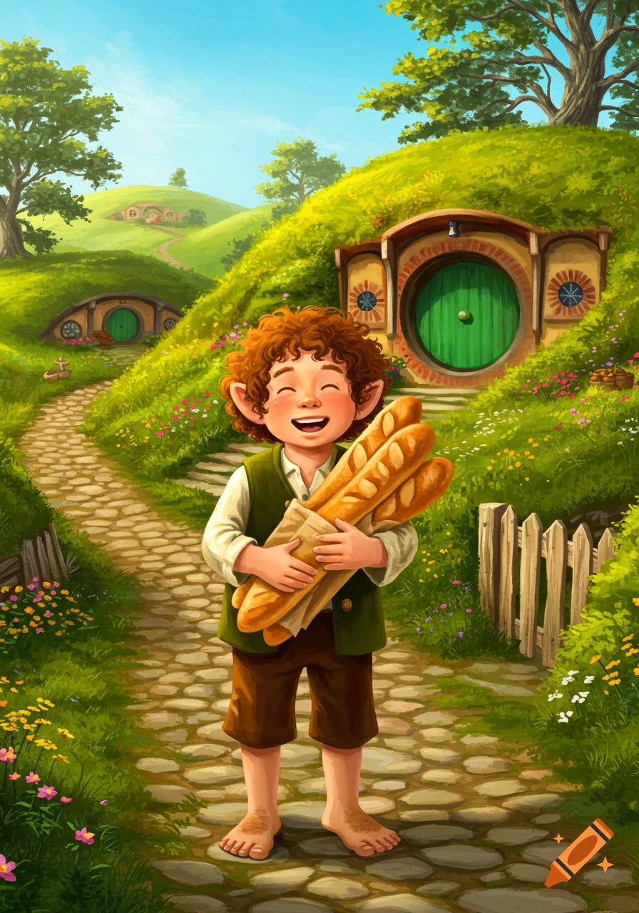 A cheerful, barefoot hobbit with curly red hair holds baguettes on a cobblestone path in Hobbiton, a whimsical illustration.