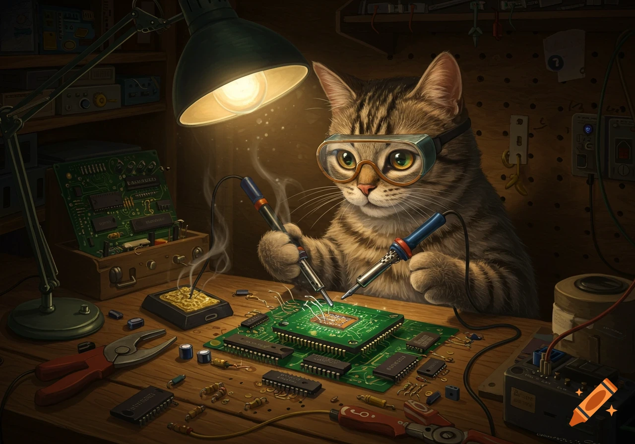 A tabby cat wearing safety goggles intently solders a green circuit board under a bright desk lamp, surrounded by electronic components.