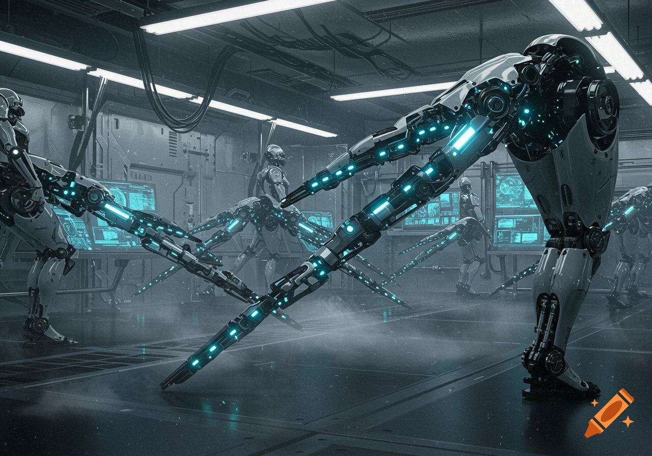 Robots with segmented, glowing blue appendages in a dark, futuristic laboratory setting.