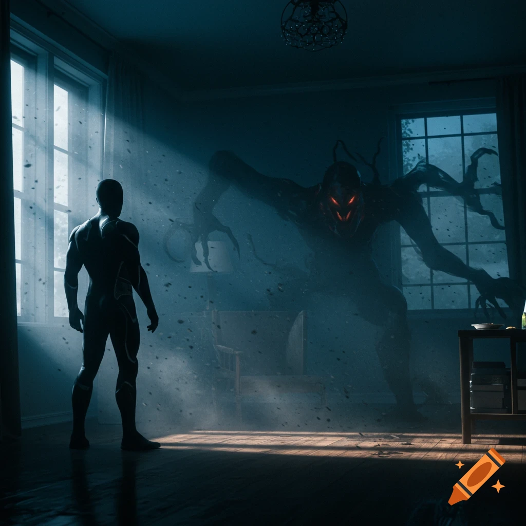 A superhero-like figure confronts a large, shadowy monster with glowing red eyes in a dark room illuminated by window light.