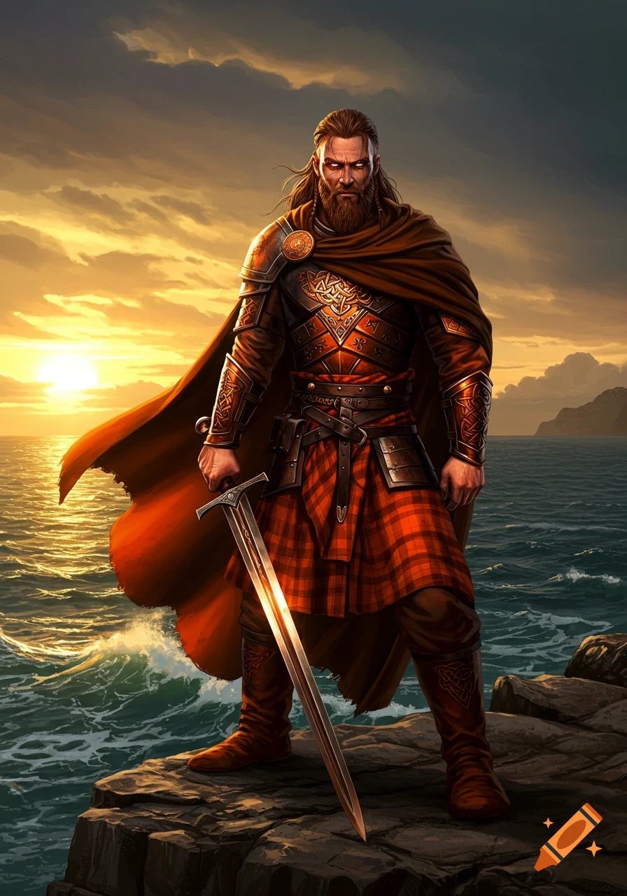 Fierce bearded Gaelic warrior in patterned armor and a red tartan kilt, holding a sword, standing on rocks by the ocean at sunset.