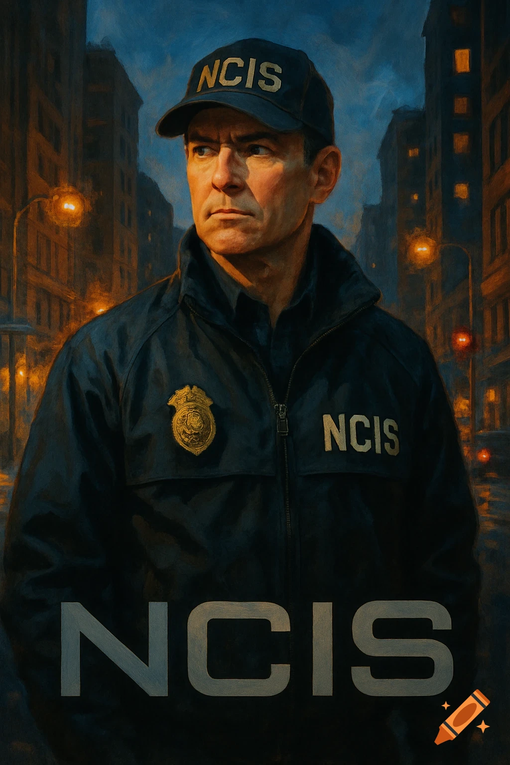 A painted portrait of a serious man in a dark blue NCIS uniform and cap, standing in a dimly lit city street at night.