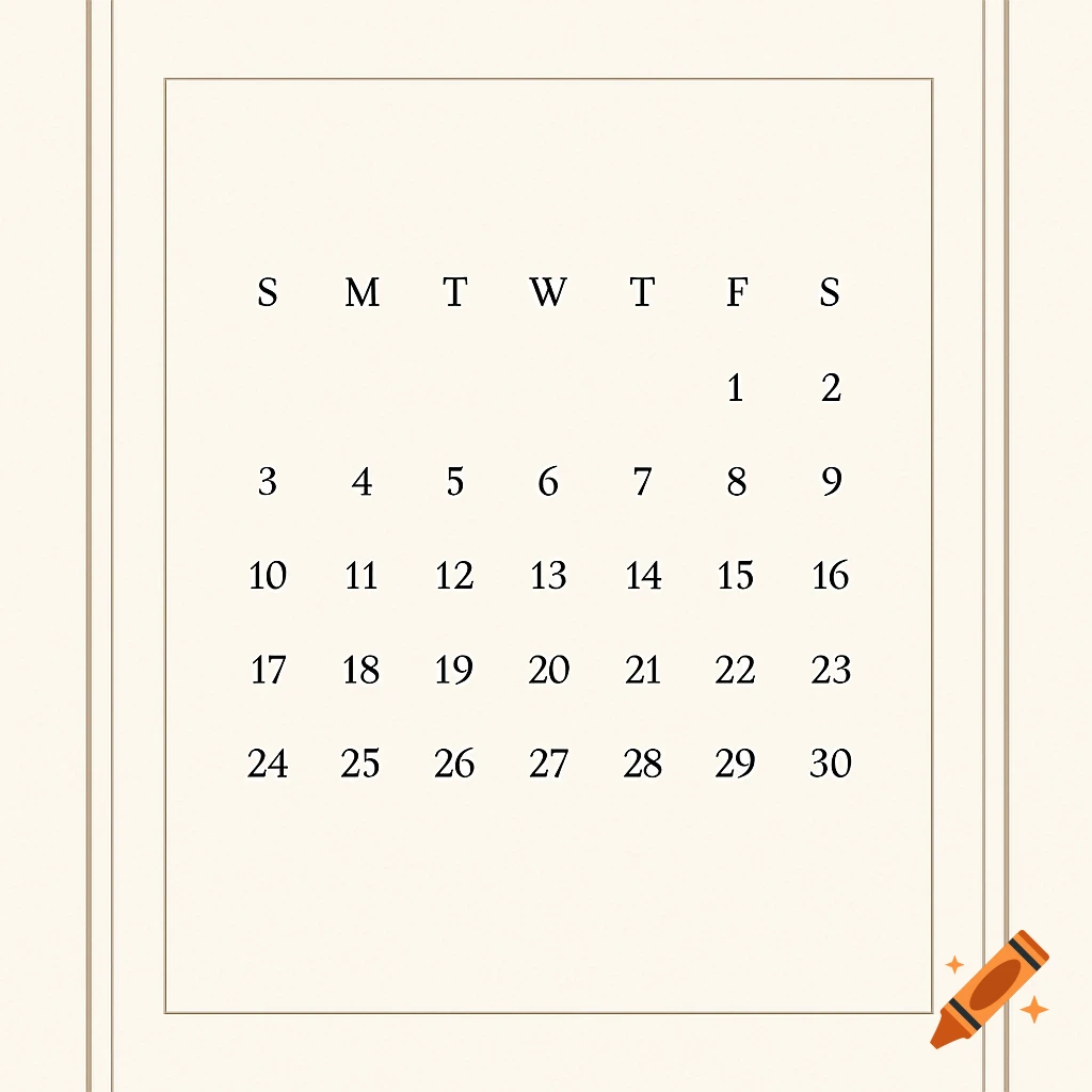 A simple and elegant calendar page showing days of the week and dates 1 through 30.