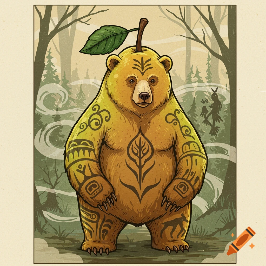 Stylized illustration of a pear-shaped bear with indigenous-inspired tattoos and a leaf on its head, standing in a forest.