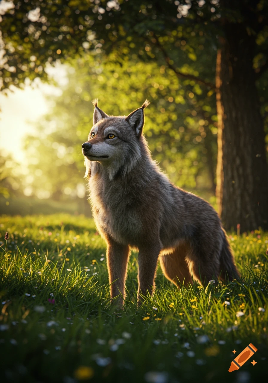 A photorealistic wolf-like creature stands in a sunlit forest meadow at golden hour.