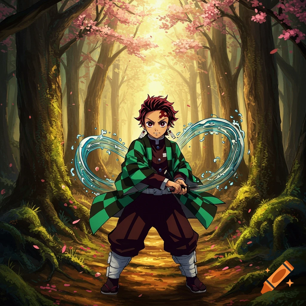 An anime character, Tanjiro, stands in a forest with cherry blossoms and a water effect around him.