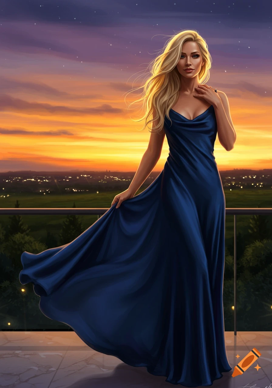 A blonde woman in a flowing blue gown stands on a balcony overlooking a city skyline at sunset, digital art.