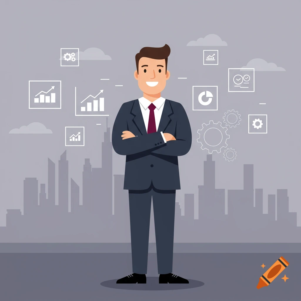 Flat illustration of a smiling businessman in a suit with arms crossed, surrounded by business icons and a cityscape background.