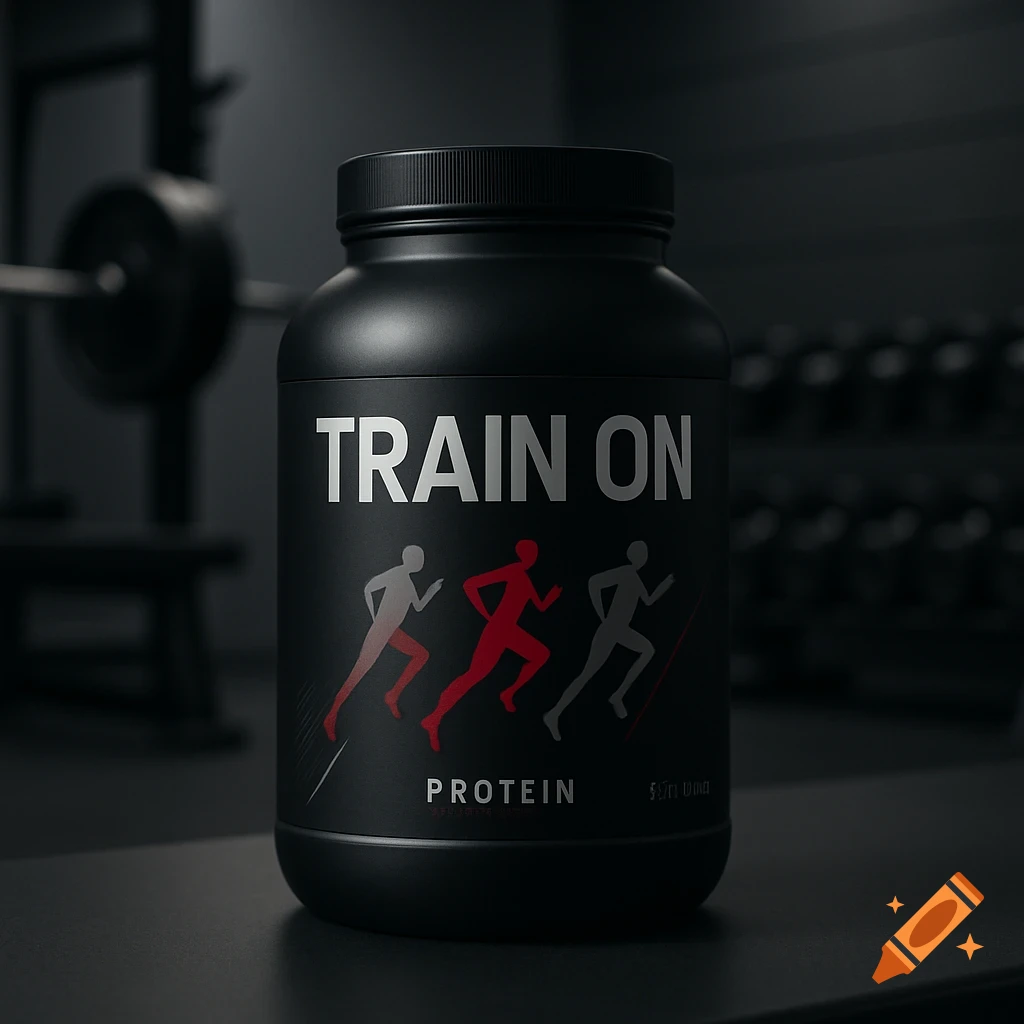 Photorealistic black protein powder container labeled 'TRAIN ON' with running silhouettes, in a gym setting.