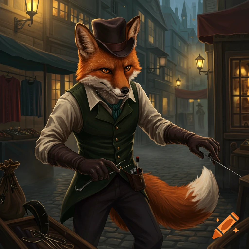 An anthropomorphic red fox in a vest, shirt, and hat stands on a cobbled street at dusk, holding tools.